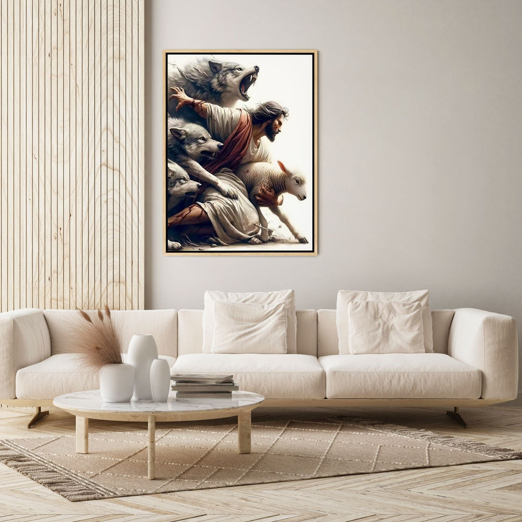 Jesus Protecting Lamb from Wolves - Canvas