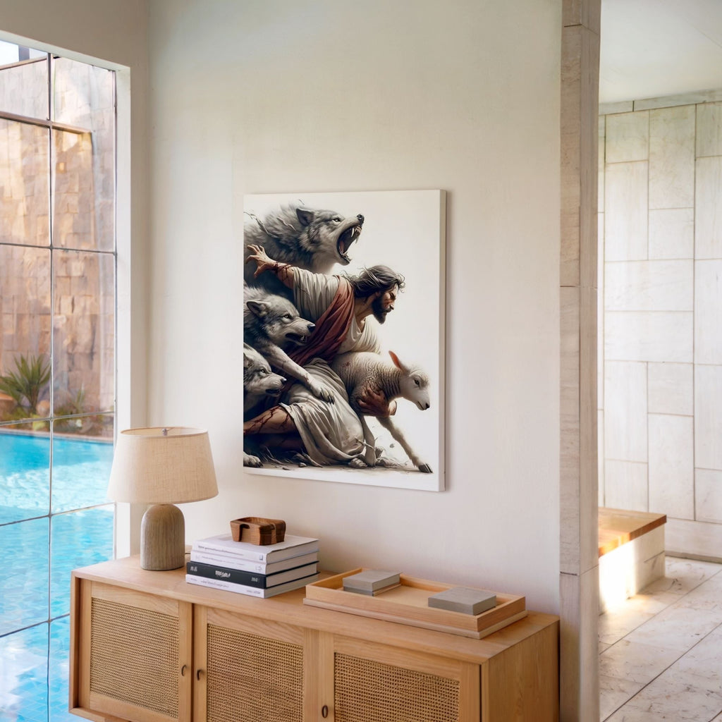 Jesus Protecting Lamb from Wolves - Canvas