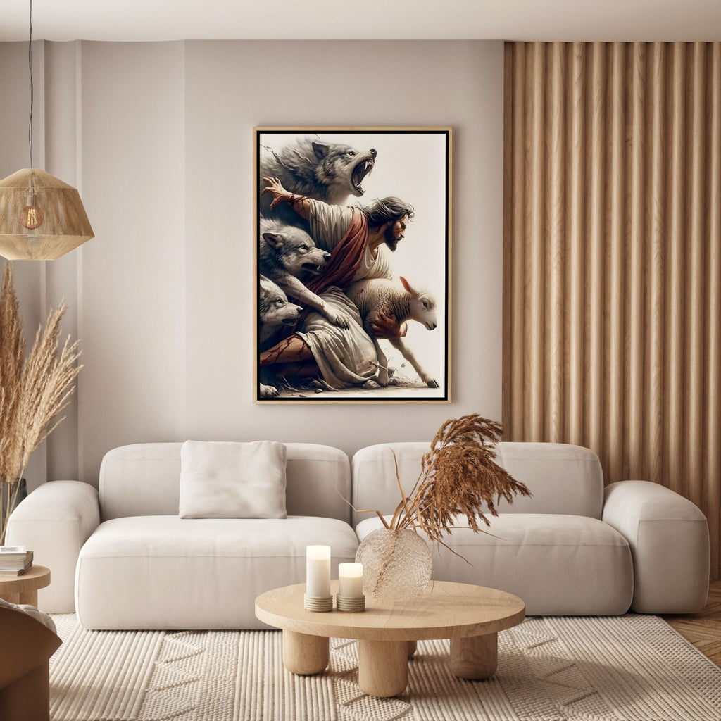 Jesus Protecting Lamb from Wolves - Canvas